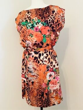 Michelle Belau Orange Leopard Print Floral Mini Dress Detachable Belt Sz. S, EUC